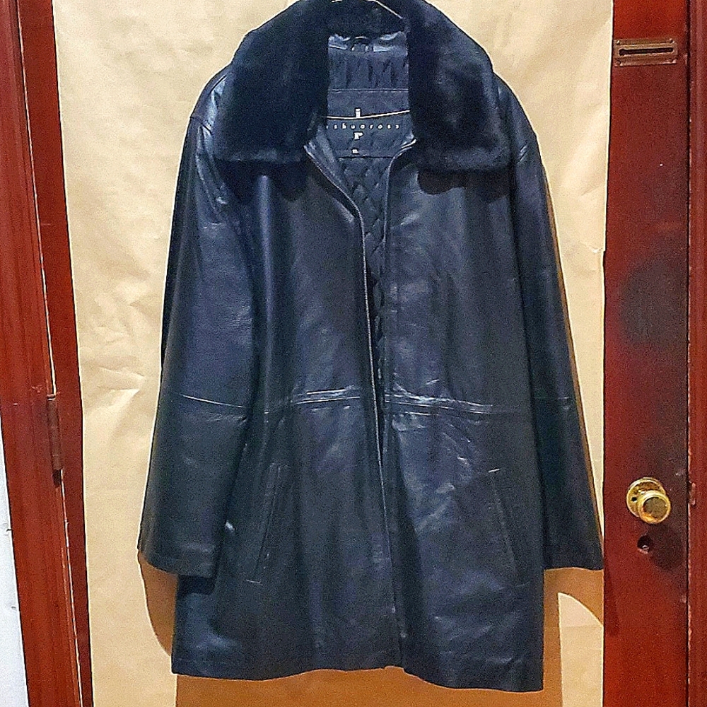 Men's Joshua Ross Black Leather 3/4 Coat Size XL Detachable Fur Collar